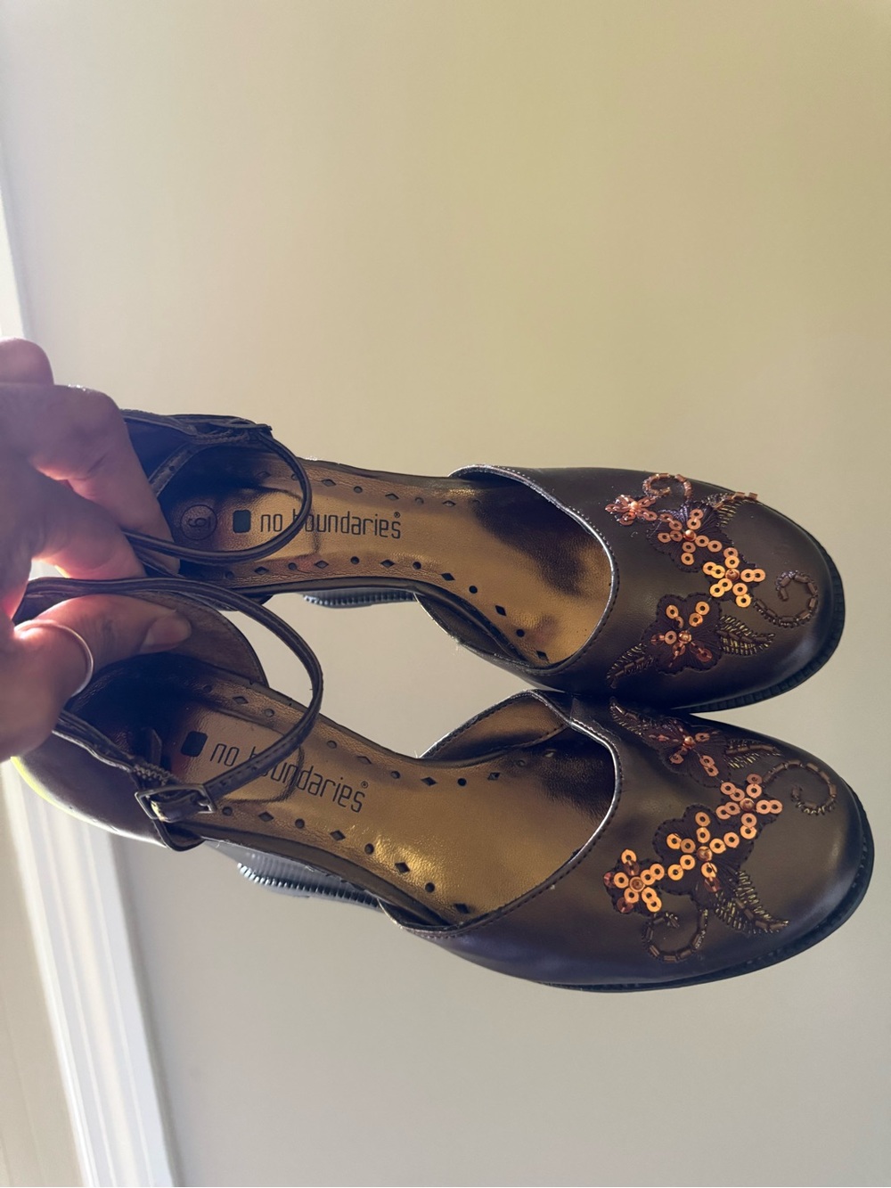 No Boundaries Brown Mary Jane Flats with Sequin Floral Detail